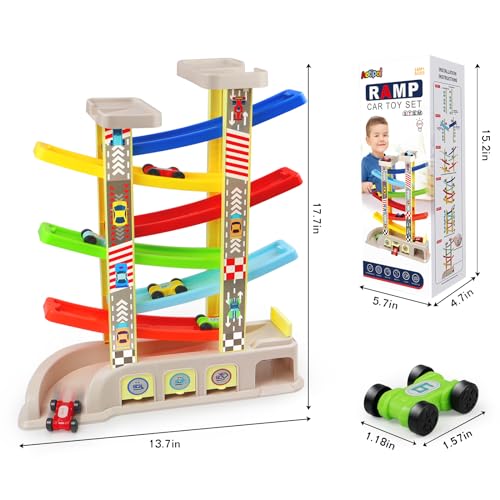 Montessori Toys for 2 3 Year Old Boys Toddlers, Car Ramp Toys with 6 Cars & Race Tracks, Garages and Parking Lots, Ramp Racer Toy Gift for Boys Girls Age 18 Months and Up Multicolor