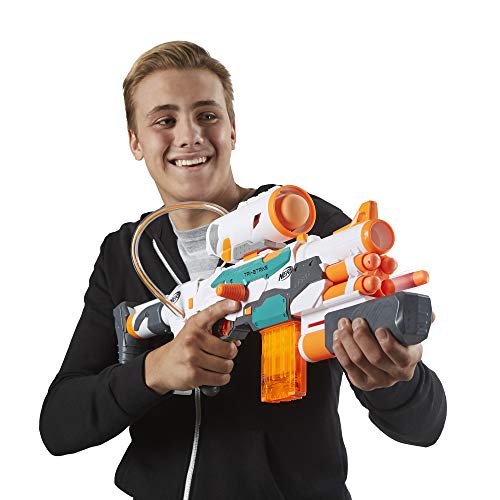 Nerf Modulus Tri-Strike Blaster, Mega Barrel, Rocket Launcher, Clip, 10 Nerf Elite Darts, 4 Nerf Mega Darts, 1 Rocket, Kids Outdoor Games (Amazon Exclusive)