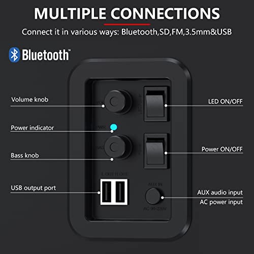 SPKPAL 2.1 Bluetooth Computer Speakers with Subwoofer,Gaming Speakers Home Theater System,AC Powered Dynamic RGB Light for PC,TV,CD Player,Movie,Party, Black (S702)