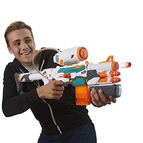 Nerf Modulus Tri-Strike Blaster, Mega Barrel, Rocket Launcher, Clip, 10 Nerf Elite Darts, 4 Nerf Mega Darts, 1 Rocket, Kids Outdoor Games (Amazon Exclusive)