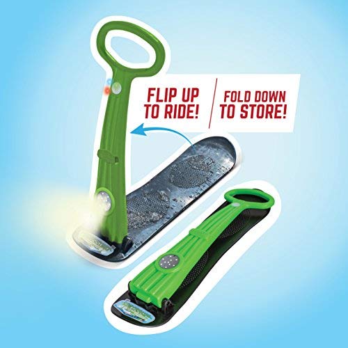 Twin LED Illuminator Ski Skooter Snow Sled by Geospace with 2 LED Lights for Winter Fun & Max Visibility: Fold-up Portable Snowboard Kick-Scooter Sled for Use on Snow (Green)