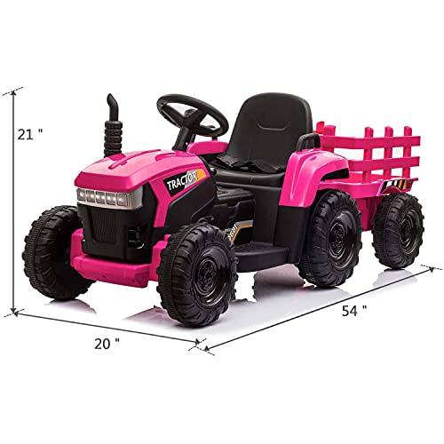 TOBBI 12v Battery-Powered Toy Tractor with Trailer and 35W Dual Motors,3-Gear-Shift Ground Loader Ride On with LED Lights and USB Audio Functions in Rose Red