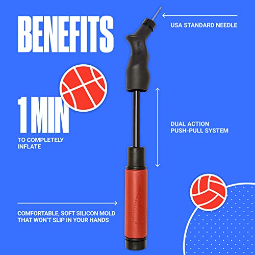 SPORTBIT Ball Pump with 5 Needles - Push & Pull Inflating System - Great for All Exercise Balls - Volleyball Pump, Basketball Inflator, Football & Soccer Ball Air Pump - Goes with Needles Set