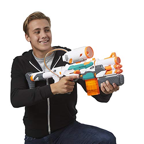 Nerf Modulus Tri-Strike Blaster, Mega Barrel, Rocket Launcher, Clip, 10 Nerf Elite Darts, 4 Nerf Mega Darts, 1 Rocket, Kids Outdoor Games (Amazon Exclusive)