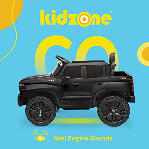 Kidzone 12V Battery Powered Licensed Chevrolet Silverado Trail Boss LT Kids Ride On Truck Car Electric Vehicle Jeep with Remote Control, MP3, LED Lights - Black