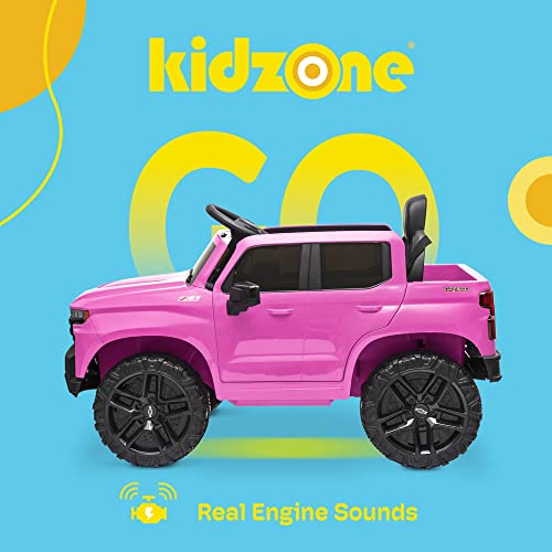 Kidzone 12V Battery Powered Licensed Chevrolet Silverado Trail Boss LT Kids Ride On Truck Car Electric Vehicle Jeep with Remote Control, MP3, LED Lights - Pink