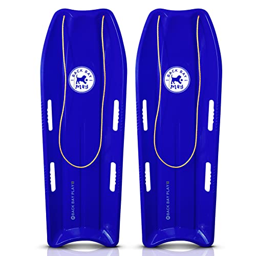 Back Bay Play 47 in 2 Pack Snow Sled Racer - High Density Plastic Sled 2 Person Toboggan with Pull Rope & 4 Handles Snow Sleds for Kids and Adult