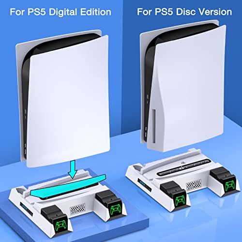 EUROA Stand Cooling Fan with Controller Charging Station for Playstation 5, Cooling Station Accessories for PS5 Console Digital&Disc Edition, Docking Station for PS5, Headset Holder, 11 Slots-White