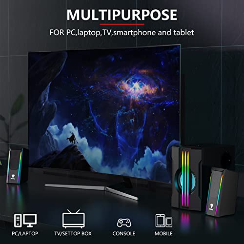 SPKPAL 2.1 Bluetooth Computer Speakers with Subwoofer,Gaming Speakers Home Theater System,AC Powered Dynamic RGB Light for PC,TV,CD Player,Movie,Party, Black (S702)