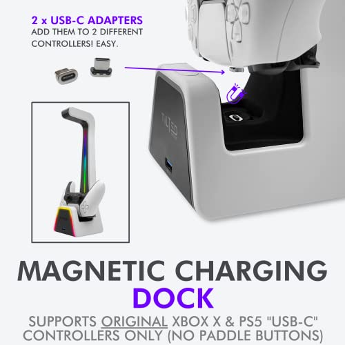 Tilted Nation RGB Headset and Controller Stand with Charging Station - for Playstation or PC - PS4 / PS5 Controller Holder with Charger - Headphone and Game Controller Holder for Desk - White