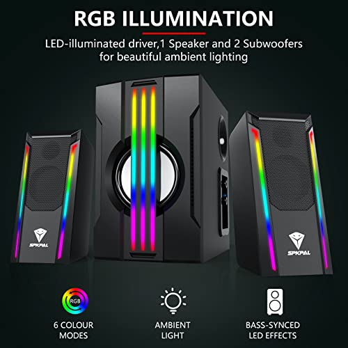 SPKPAL 2.1 Bluetooth Computer Speakers with Subwoofer,Gaming Speakers Home Theater System,AC Powered Dynamic RGB Light for PC,TV,CD Player,Movie,Party, Black (S702)