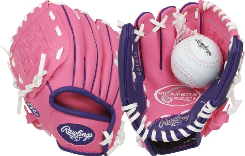 Rawlings | PLAYERS Series T-Ball & Youth Baseball Glove | Left Hand Throw | 9" | Pink/Purple with Ball