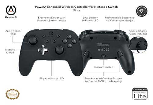 PowerA Enhanced Nintendo Switch Controller Wireless - Black, Rechargeable Pro Controller for Switch, Immersive Motion Control and Advanced Gaming Buttons