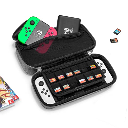 tomtoc Carrying Case for Nintendo Switch/OLED Model, Large Travel Switch Case with Pocket for Pro Controller, Joy-con Grip or AC Adapter, Protective Portable Carry Case with 24 Game Cartridges, Stand