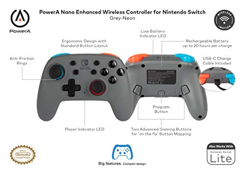 PowerA Nano Enhanced Wireless Controller for Nintendo Switch - Grey-Neon, Works with Nintendo Switch Lite, Bluetooth Controller, Gamepad, Compact, Smaller, Rechargeable, Portable - Nintendo Switch