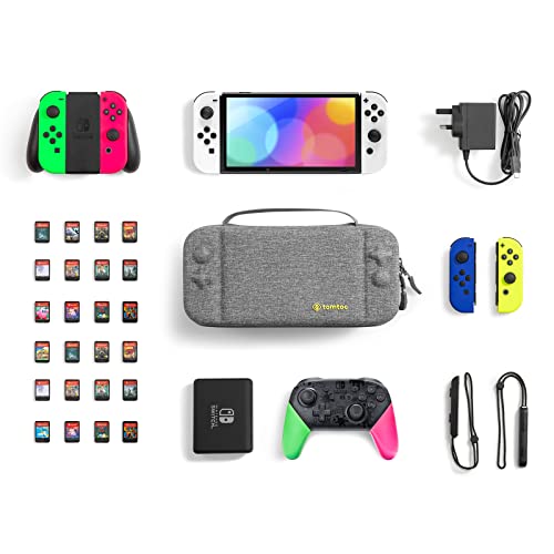 tomtoc Carrying Case for Nintendo Switch/OLED Model, Large Travel Switch Case with Pocket for Pro Controller, Joy-con Grip or AC Adapter, Protective Portable Carry Case with 24 Game Cartridges, Stand