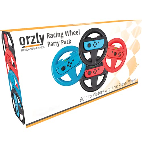 Orzly Nintendo Switch & OLED Console Steering Wheel, 4 Pack, for Mario Kart 8 Deluxe Nintendo Switch, Mariokart Switch Steering Wheel (Joycon Controller Attachments) (2X Black, 1x Wheel, 1x Red)