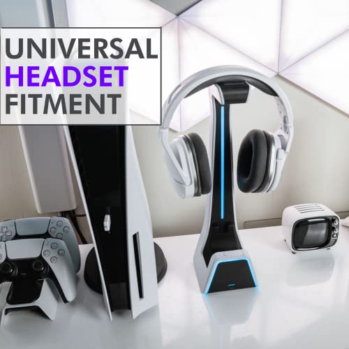 Tilted Nation RGB Headset and Controller Stand with Charging Station - for Playstation or PC - PS4 / PS5 Controller Holder with Charger - Headphone and Game Controller Holder for Desk - White