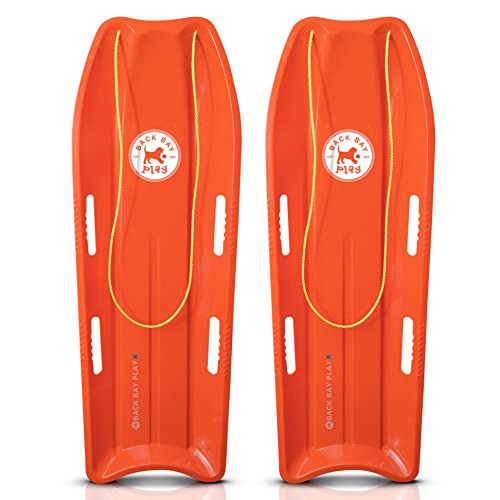 Back Bay Play 47 in 2 Pack Snow Sled Racer - High Density Plastic Sled 2 Person Toboggan with Pull Rope & 4 Handles Snow Sleds for Kids and Adult