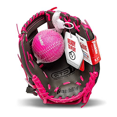 Franklin Sports unisex youth Right Handed Thrower Kids Baseball Gloves RTP Child s Tball Ball Set Boys Girls Teeball Mit, Graphite/Pink, 9.5 US