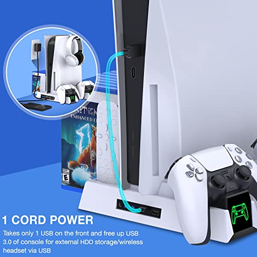 EUROA Stand Cooling Fan with Controller Charging Station for Playstation 5, Cooling Station Accessories for PS5 Console Digital&Disc Edition, Docking Station for PS5, Headset Holder, 11 Slots-White