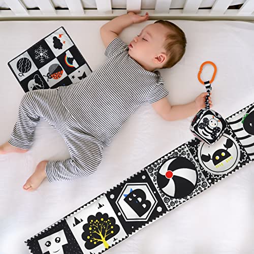 KUANGO 3 Pcs Black and White High Contrast Baby Toys 0-3 Months for Newborn, Montessori Toys for Babies Sensory Soft Book for Early Education, Infant Tummy Time Toys 0 6 9 Months Baby Essentials Gifts