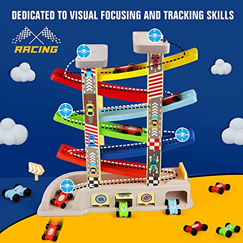 Montessori Toys for 2 3 Year Old Boys Toddlers, Car Ramp Toys with 6 Cars & Race Tracks, Garages and Parking Lots, Ramp Racer Toy Gift for Boys Girls Age 18 Months and Up Multicolor