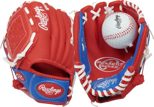 Rawlings | PLAYERS Series T-Ball & Youth Baseball Glove | Left Hand Throw | 9" | Red/Blue with Ball