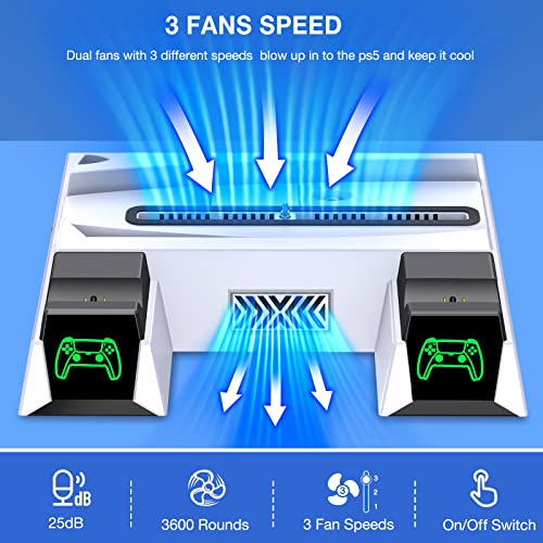 EUROA Stand Cooling Fan with Controller Charging Station for Playstation 5, Cooling Station Accessories for PS5 Console Digital&Disc Edition, Docking Station for PS5, Headset Holder, 11 Slots-White