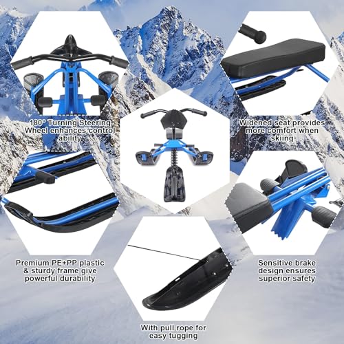 Wodesid Snow Racer Sled with Steering Wheel and Twin Brakes, Ski Sled Snowboard for Kids Teens and Adults Winter Sport Ski Sled Slider Board for Downhill and Uphill (Adults)
