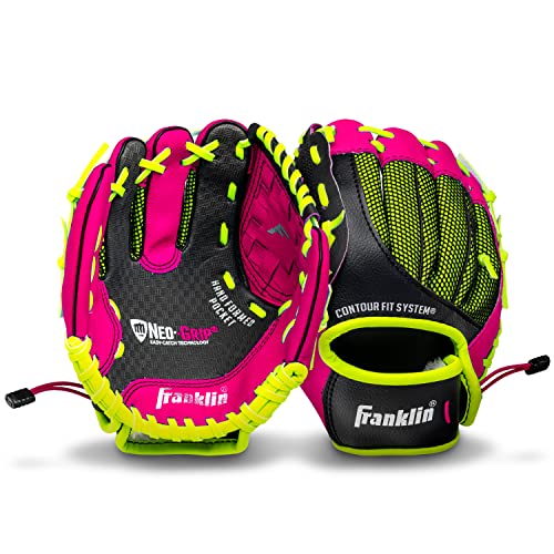 Franklin Sports Teeball Glove - Left and Right Handed Youth Fielding Glove - Neo-Grip - Synthetic Leather Baseball Glove - 9.0 Inch Left Hand Throw - Ready To Play Glove with Ball - Pink