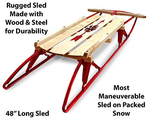 Flexible Flyer Metal Runner Sled. Steel & Wood Steering Snow Slider, 48”