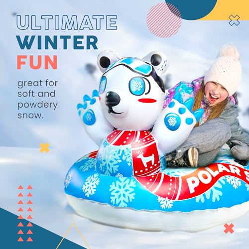 Sunlite Sports Polar Bear Snow Tube - Heavy Duty Snow Sled Toboggan for Winter, Inflatable Saucer with Dual Sealed Seams, Comfortable Grip Handles, Airtight Boston Valve, Repair Patch Kit