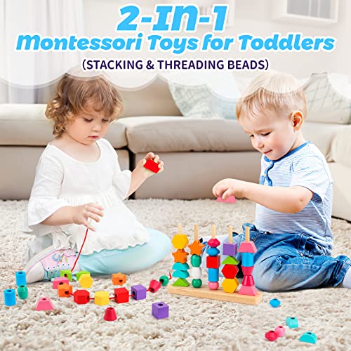 Montessori Wooden Beads Sequencing Toy Set, Stacking Blocks & Lacing Beads & Matching Shape Stacker for 2 3 4 5 Year Old STEM Preschool Learning Montessori Toys Gifts for Kids Boy Girl Toddler