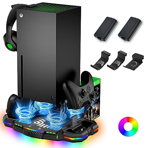 Charging Stand with Cooling Fan for Xbox Series X, Vertical Dual Controller Charger Station Dock & Cooler System with 12 RGB LED Lights, 2 Rechargeable Battery & 3 Accessories Holder for Xbox Series X