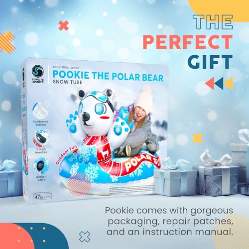 Sunlite Sports Polar Bear Snow Tube - Heavy Duty Snow Sled Toboggan for Winter, Inflatable Saucer with Dual Sealed Seams, Comfortable Grip Handles, Airtight Boston Valve, Repair Patch Kit