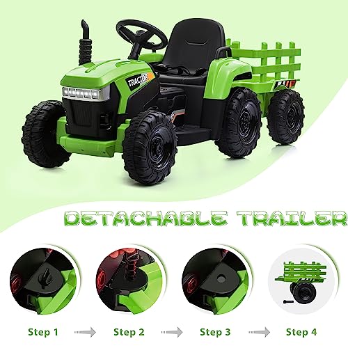 TOBBI 12v Battery-Powered Toy Tractor with Trailer and 35W Dual Motors,3-Gear-Shift Ground Loader Ride On with LED Lights and USB Audio Functions, Green