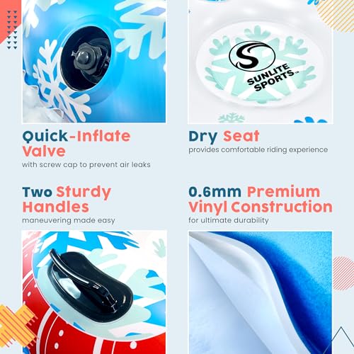 Sunlite Sports Polar Bear Snow Tube - Heavy Duty Snow Sled Toboggan for Winter, Inflatable Saucer with Dual Sealed Seams, Comfortable Grip Handles, Airtight Boston Valve, Repair Patch Kit