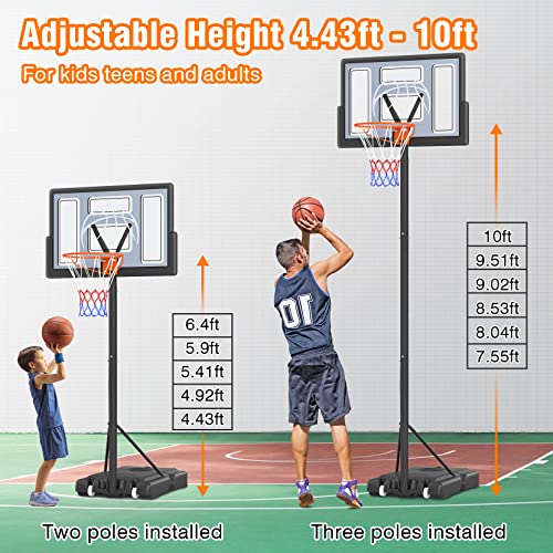 Yohood Basketball Hoop Outdoor 10ft Adjustable, Portable Basketball Hoop Goal System for Kids Youth and Adults in Backyard/Driveway/Indoor, 44 Inch Shatterproof Backboard