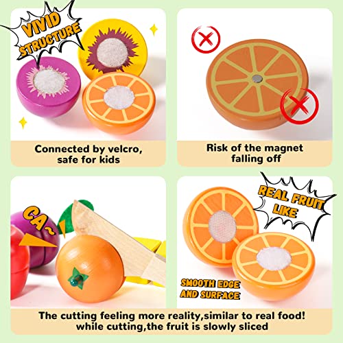 Wooden Play Food Sets for Toddlers Kitchen Accessories Cutting Montessori Toys for 2 Year Old Kids Pretend Play Fake Fruit Vegetable Toddler Toys 2-3 4 Years Girls Boys Christmas Birthday Gifts
