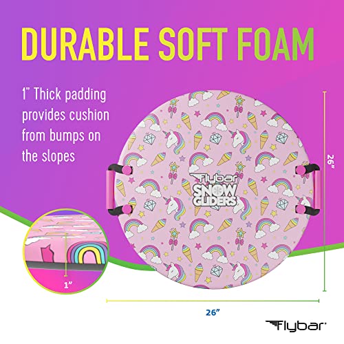 Flybar Snow Sled for Kids - Foam Saucer Disc Sled, Ages 6+, Easy Grip Handles, Durable Slick Bottom & PE Core Build, Lightweight Sleds for Kids, Snow Toys for Kids, Up to 110 lbs, 26" - Pink Unicorn