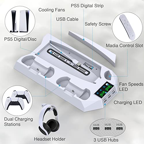 PS5 Stand and Cooling Station with Dual Controller Charging Station for Playstation 5 Console, PS5 Accessories Incl. Cooling fan, Headset holder, 3 USB Hub, Media Slot, Screw White