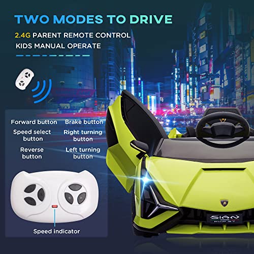 Aosom Lamborghini SIAN Licensed Kids Ride On Car, 12V Battery Powered Electric Sports Car Toy with Remote Control, Horn, Music, & Headlights for 3-5 Years Old, Green