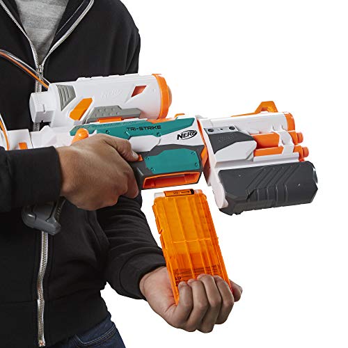 Nerf Modulus Tri-Strike Blaster, Mega Barrel, Rocket Launcher, Clip, 10 Nerf Elite Darts, 4 Nerf Mega Darts, 1 Rocket, Kids Outdoor Games (Amazon Exclusive)