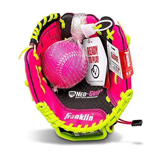 Franklin Sports Teeball Glove - Left and Right Handed Youth Fielding Glove - Neo-Grip - Synthetic Leather Baseball Glove - 9.0 Inch Right Hand Throw - Ready To Play Glove with Ball - Pink
