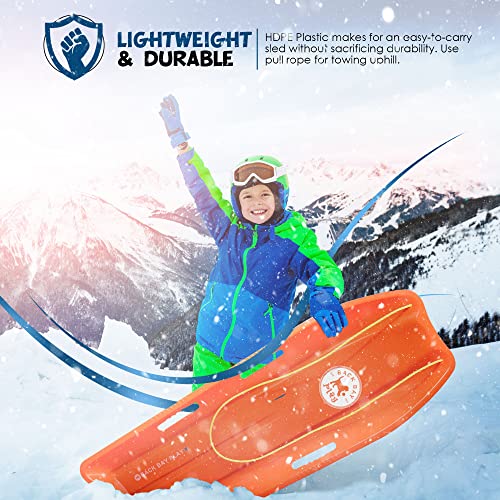 Back Bay Play 47 in 2 Pack Snow Sled Racer - High Density Plastic Sled 2 Person Toboggan with Pull Rope & 4 Handles Snow Sleds for Kids and Adult