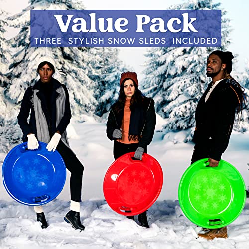 3 Pack 25” Snow Sleds, Round Slippery Heavy Duty Durable Plastic Downhill Toboggan River for Kids and Adults’ Family Holiday Winter Activity Outdoor Sledding