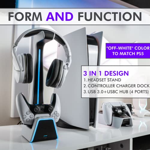 Tilted Nation RGB Headset and Controller Stand with Charging Station - for Playstation or PC - PS4 / PS5 Controller Holder with Charger - Headphone and Game Controller Holder for Desk - White