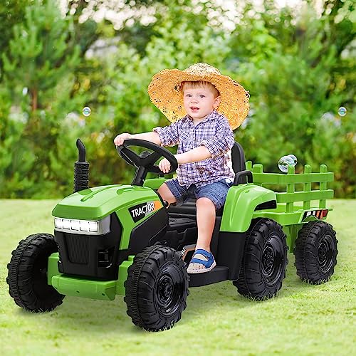 TOBBI 12v Battery-Powered Toy Tractor with Trailer and 35W Dual Motors,3-Gear-Shift Ground Loader Ride On with LED Lights and USB Audio Functions, Green