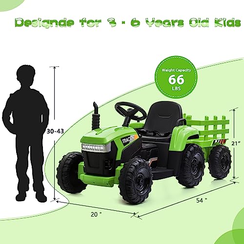 TOBBI 12v Battery-Powered Toy Tractor with Trailer and 35W Dual Motors,3-Gear-Shift Ground Loader Ride On with LED Lights and USB Audio Functions, Green